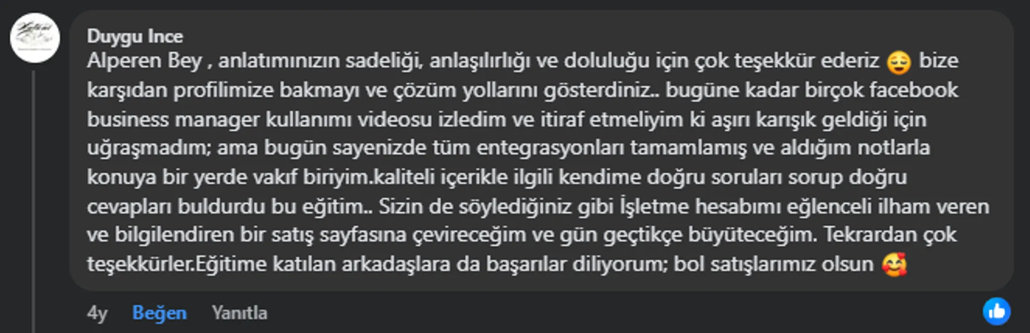 Eğitim teşekkür mesajı