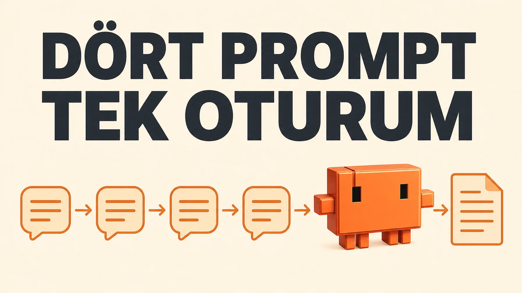 Claude maskotu dört promptluk zincirin sonundaki belgeyi gösterirken, "Dört Prompt Tek Oturum" başlığı