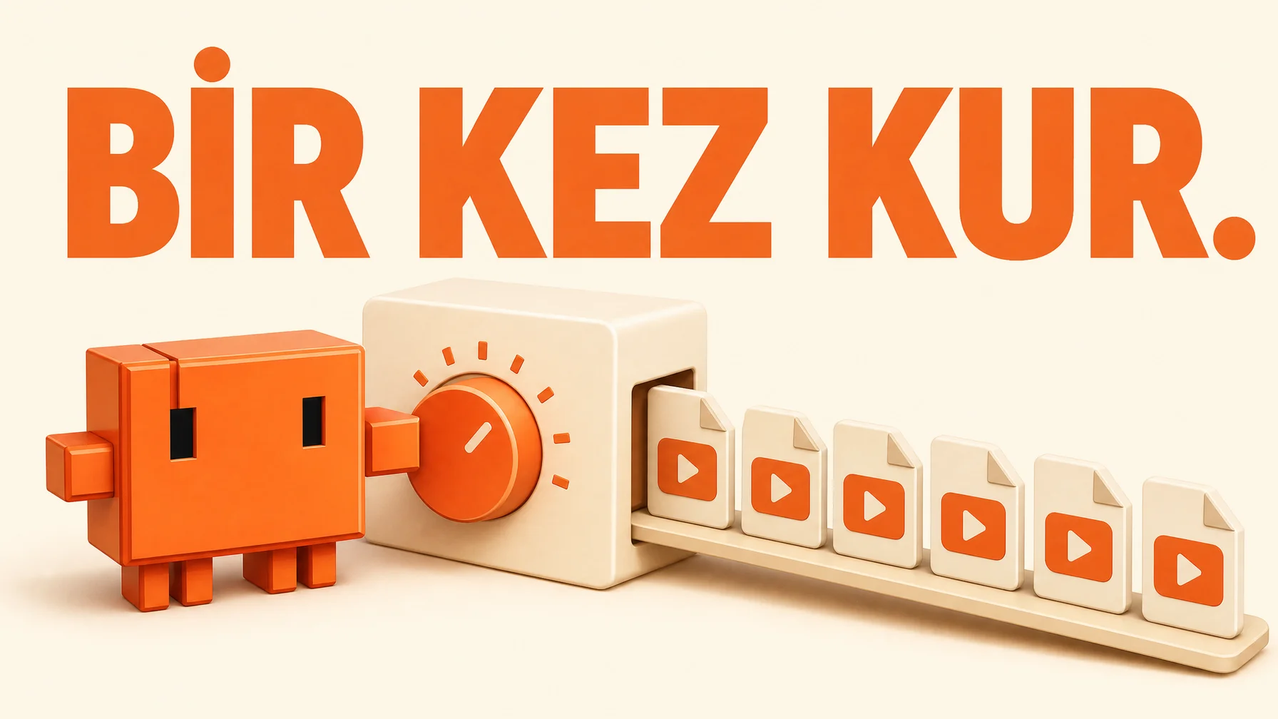 Claude maskotu tek bir kurulum düğmesini çevirirken arkasından videolar çıkıyor, "Bir Kez Kur" başlığı