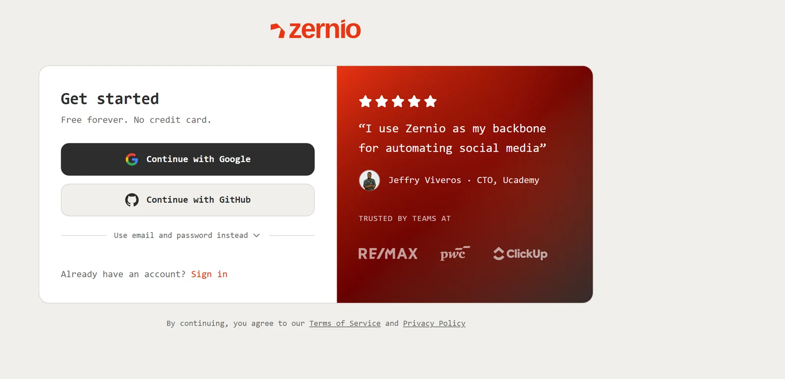 Zernio kayıt ekranı: Google veya GitHub ile ücretsiz hesap açma